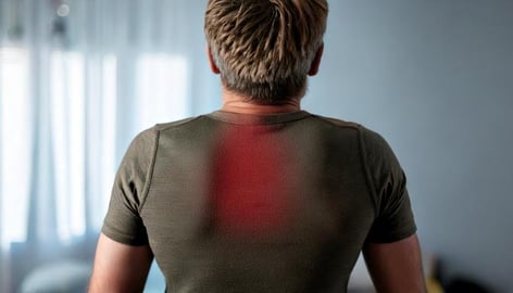 Mann mit fibromyalgie mit schmerzen im R&uuml;ckenbereich &ndash; Symbolbild f&uuml;r Fibromyalgie und Cannabis-Therapie