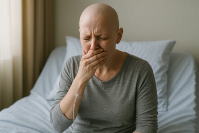 Krebspatientin mit &Uuml;belkeit im Bett &ndash; Symbolbild f&uuml;r m&ouml;gliche Linderung durch medizinisches Cannabis w&auml;hrend der Chemotherapie