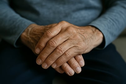 Gefaltete H&auml;nde einer &auml;lteren Person &ndash; Symbolbild f&uuml;r Parkinson-Erkrankung und begleitende Cannabis-Therapie