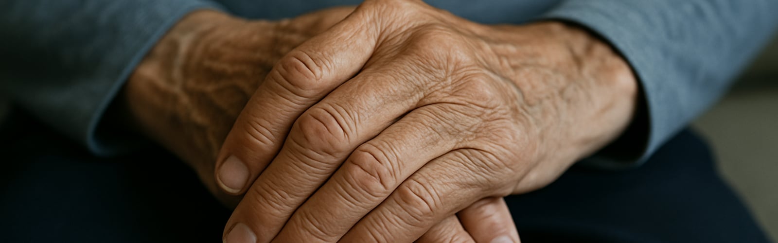 Gefaltete H&auml;nde einer &auml;lteren Person &ndash; Symbolbild f&uuml;r Parkinson-Erkrankung und begleitende Cannabis-Therapie