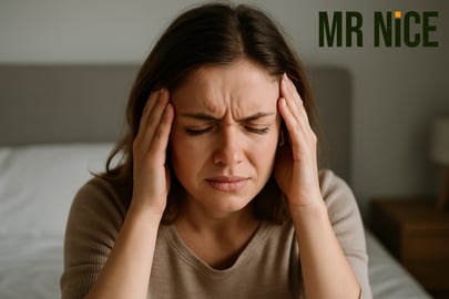 Junge Frau mit Migr&auml;ne h&auml;lt sich schmerzhaft den Kopf &ndash; Symbolbild f&uuml;r Kopfschmerzen und potenzielle Cannabis-Therapie