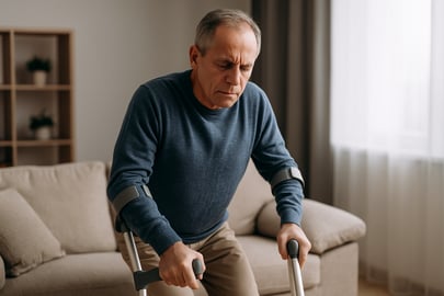Mann mit Kr&uuml;cken in Wohnung &ndash; Symbolbild f&uuml;r Mobilit&auml;tsprobleme bei Multipler Sklerose und begleitende Cannabis-Therapie