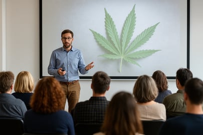 Vortrag &uuml;ber medizinisches Cannabis vor interessiertem Publikum &ndash; Symbolbild f&uuml;r gesellschaftliche Aufkl&auml;rung und Bildung