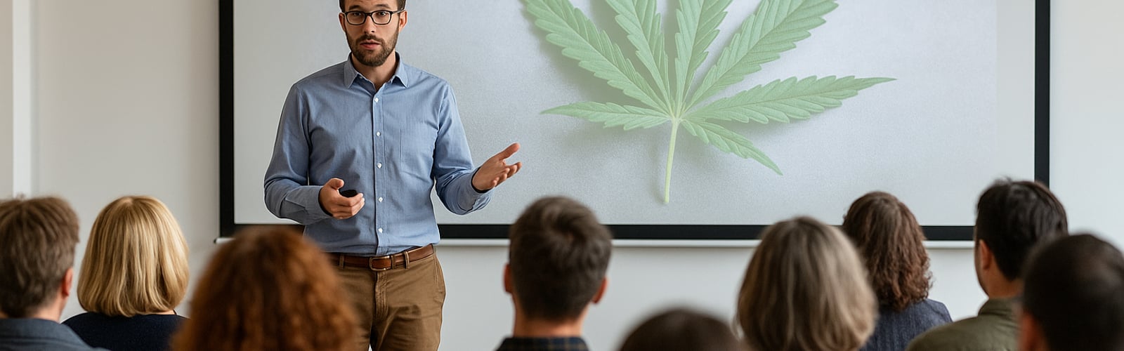 Vortrag &uuml;ber medizinisches Cannabis vor interessiertem Publikum &ndash; Symbolbild f&uuml;r gesellschaftliche Aufkl&auml;rung und Bildung