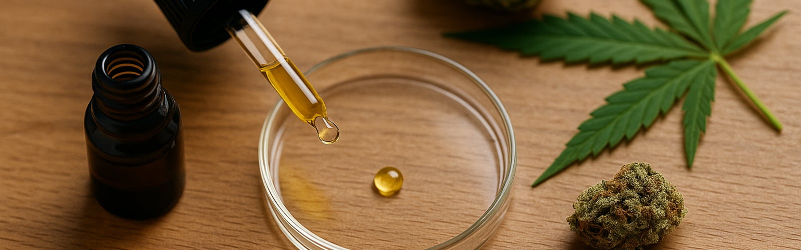 Mikrodosierung von Cannabis mit &Ouml;l in Tropfflasche auf Holzuntergrund &ndash; Darstellung von THC- und CBD-Anwendung in kleiner Dosis.