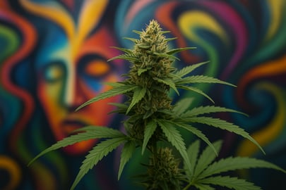 Cannabispflanze mit Harzbl&uuml;ten vor farbigem Kunsthintergrund &ndash; Symbol f&uuml;r kreatives Denken