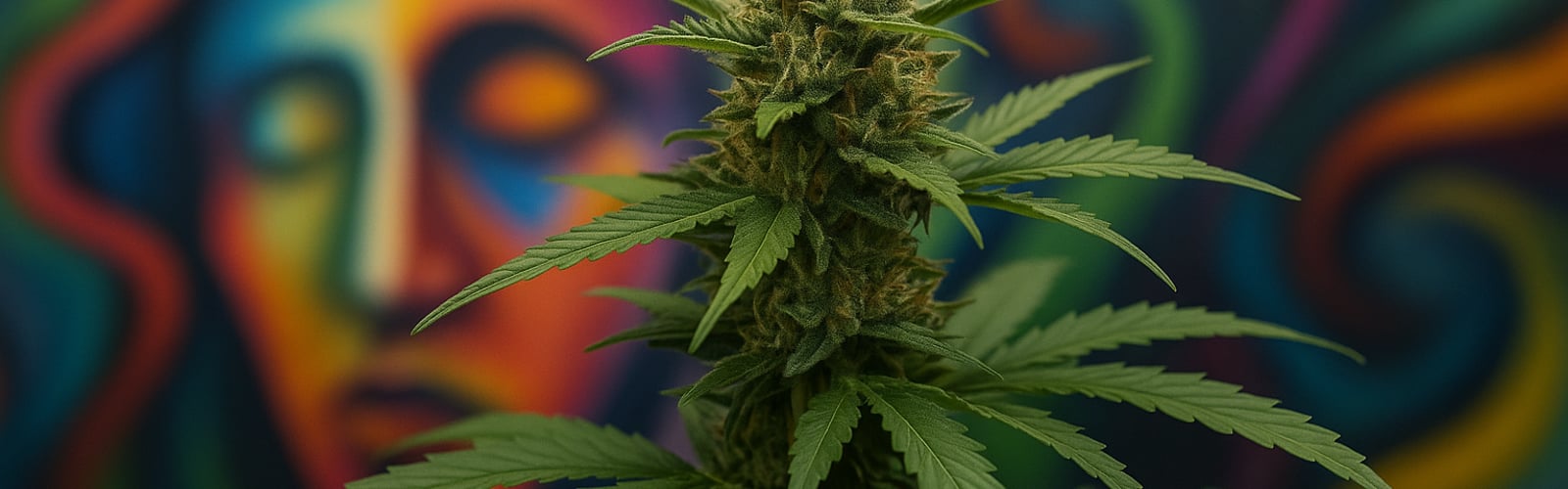 Cannabispflanze mit Harzbl&uuml;ten vor farbigem Kunsthintergrund &ndash; Symbol f&uuml;r kreatives Denken