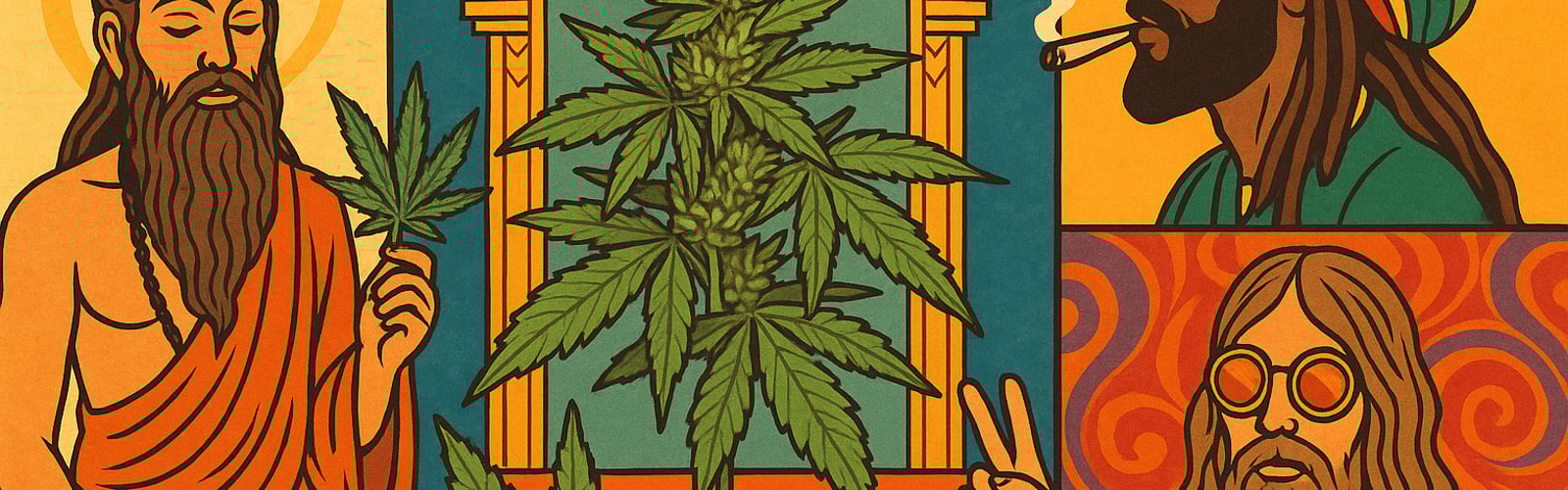 Illustration von Cannabis in kulturellen Kontexten: Hinduismus, Rastafarianismus und Hippie-Kultur