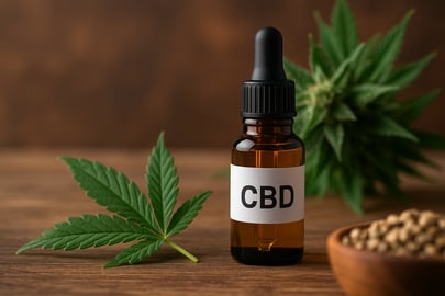 Alt-Text: Braune Glasflasche mit CBD &Ouml;l neben frischen Hanfbl&auml;ttern auf einem Holztisch