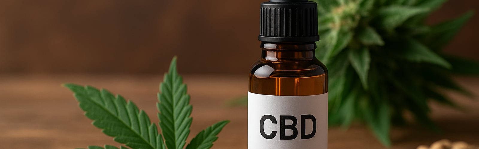 Alt-Text: Braune Glasflasche mit CBD &Ouml;l neben frischen Hanfbl&auml;ttern auf einem Holztisch