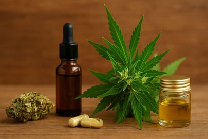 Cannabisprodukte auf Holztisch: THC-&Ouml;l, Kapseln, Cannabisbl&uuml;te und frische Hanfpflanze nebeneinander arrangiert