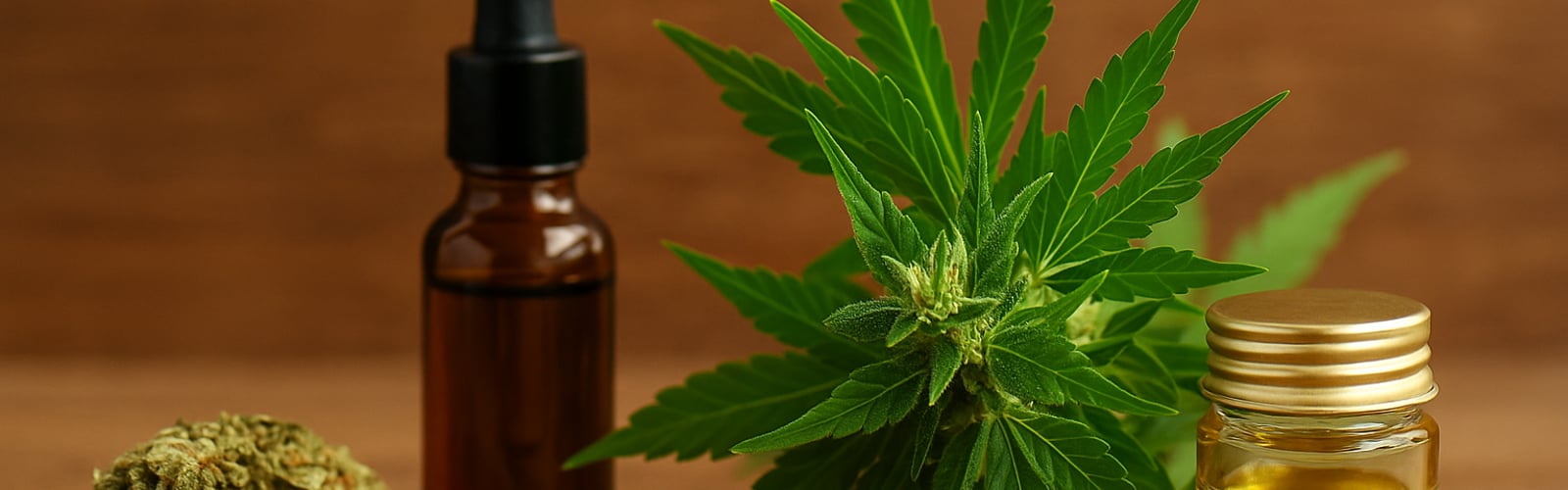 Cannabisprodukte auf Holztisch: THC-&Ouml;l, Kapseln, Cannabisbl&uuml;te und frische Hanfpflanze nebeneinander arrangiert