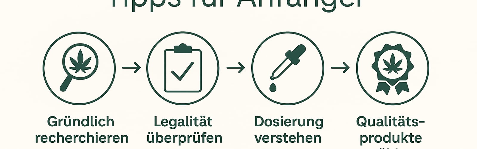 Infografik mit Symbolen zu THC-Kauf-Tipps f&uuml;r Anf&auml;nger: recherchieren, Legalit&auml;t pr&uuml;fen, Dosierung verstehen, Qualit&auml;tsprodukte w&auml;hlen